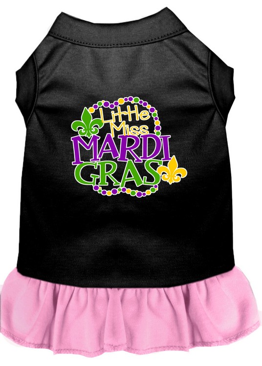 Miss Mardi Gras Screen Print Mardi Gras Dog Dress Black with Light Pink Sm